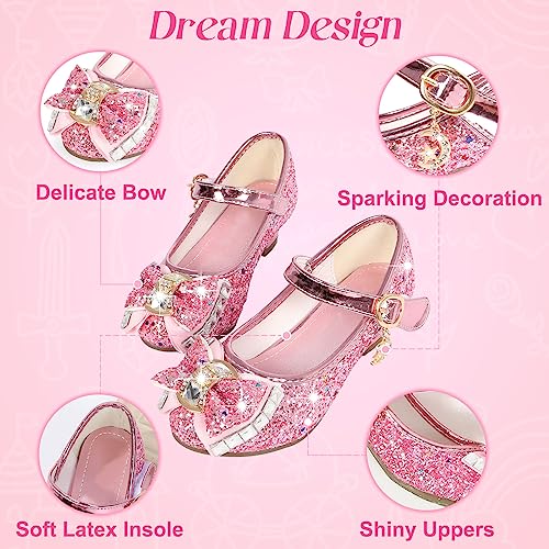 M MUNCASO Mary Jane Princess Shoes with Shiny Bow,Glitter Girls Party Shoes, Flower Girl Shoes for banquets, Weddings, Birthday Parties,Cosplay Party Pink