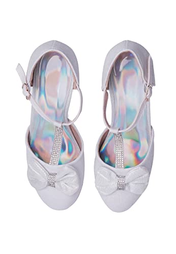 Fashion Thirsty Girls Kids Childrens Low Block Heel Shoes Sandal Diamante Wedding Bridesmaid Bow by Heelberry, White Shimmer Glitter, 13 UK Child