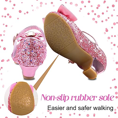 M MUNCASO Mary Jane Princess Shoes with Shiny Bow,Glitter Girls Party Shoes, Flower Girl Shoes for banquets, Weddings, Birthday Parties,Cosplay Party Pink