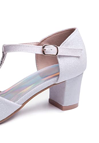 Fashion Thirsty Girls Kids Childrens Low Block Heel Shoes Sandal Diamante Wedding Bridesmaid Bow by Heelberry, White Shimmer Glitter, 13 UK Child