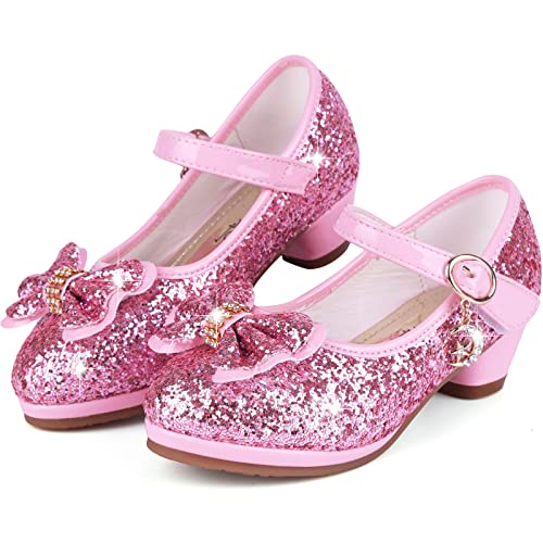 KUWIBY Girl Sandals Glitter Princess Shoes Sequin Party Shoes Bling Bowknot High Heels Wedding Birthday Dress Shoes Comfort Bright Diamond Cosplay Dance Shoes for Little Girls Christmas Pink