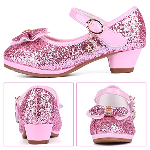 KUWIBY Girl Sandals Glitter Princess Shoes Sequin Party Shoes Bling Bowknot High Heels Wedding Birthday Dress Shoes Comfort Bright Diamond Cosplay Dance Shoes for Little Girls Christmas Pink