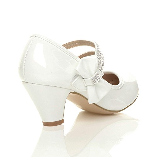 Ajvani Girls Kids Childrens Low Heel Strap Bridesmaid Party Formal Evening Shoes, 9 UK Child, White Patent Bow