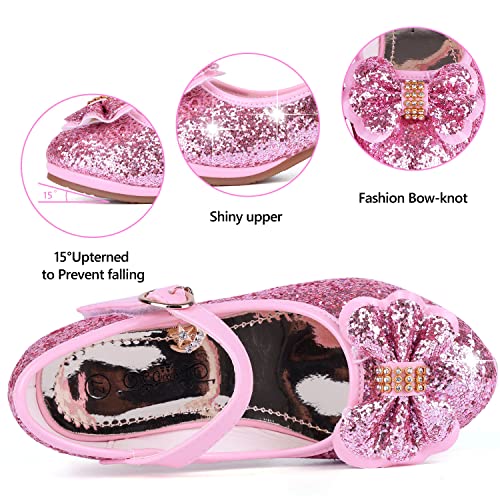 KUWIBY Girl Sandals Glitter Princess Shoes Sequin Party Shoes Bling Bowknot High Heels Wedding Birthday Dress Shoes Comfort Bright Diamond Cosplay Dance Shoes for Little Girls Christmas Pink