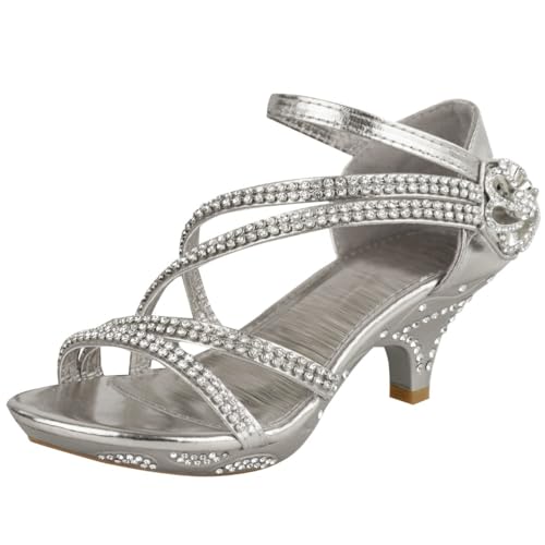 Girls Kids Childrens Diamante Low Heel Party Bridesmaid Wedding Shoes Evening Occasion Comfort Heeled Glitter Strappy Dress Sandals Shoes Silver Metallic