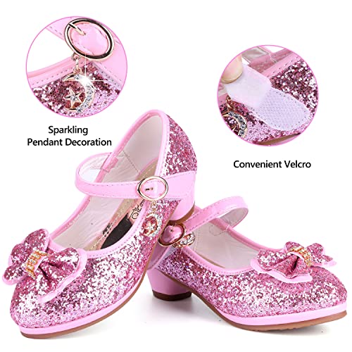 KUWIBY Girl Sandals Glitter Princess Shoes Sequin Party Shoes Bling Bowknot High Heels Wedding Birthday Dress Shoes Comfort Bright Diamond Cosplay Dance Shoes for Little Girls Christmas Pink