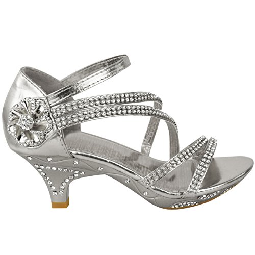 Girls Kids Childrens Diamante Low Heel Party Bridesmaid Wedding Shoes Evening Occasion Comfort Heeled Glitter Strappy Dress Sandals Shoes Silver Metallic