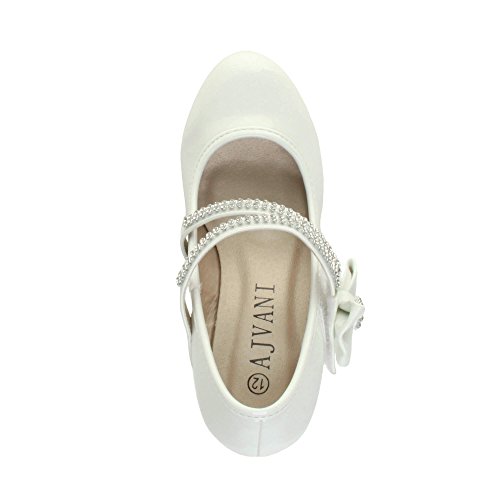 Ajvani Girls Kids Childrens Low Heel Strap Bridesmaid Party Formal Evening Shoes, 9 UK Child, White Patent Bow