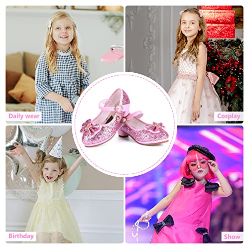 KUWIBY Girl Sandals Glitter Princess Shoes Sequin Party Shoes Bling Bowknot High Heels Wedding Birthday Dress Shoes Comfort Bright Diamond Cosplay Dance Shoes for Little Girls Christmas Pink
