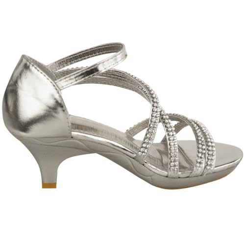 Girls Kids Childrens Diamante Low Heel Party Bridesmaid Wedding Shoes Evening Occasion Comfort Heeled Glitter Strappy Dress Sandals Shoes Silver Metallic