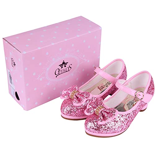 KUWIBY Girl Sandals Glitter Princess Shoes Sequin Party Shoes Bling Bowknot High Heels Wedding Birthday Dress Shoes Comfort Bright Diamond Cosplay Dance Shoes for Little Girls Christmas Pink