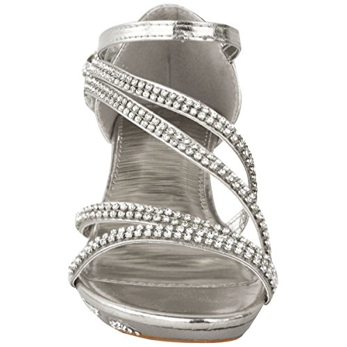 Girls Kids Childrens Diamante Low Heel Party Bridesmaid Wedding Shoes Evening Occasion Comfort Heeled Glitter Strappy Dress Sandals Shoes Silver Metallic