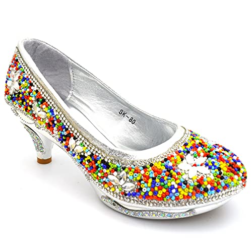 SHOEWORLD New Girls Court Shoes Kids Heels Party Princess Diamante Children's Sandals (13 UK Child, Silver)