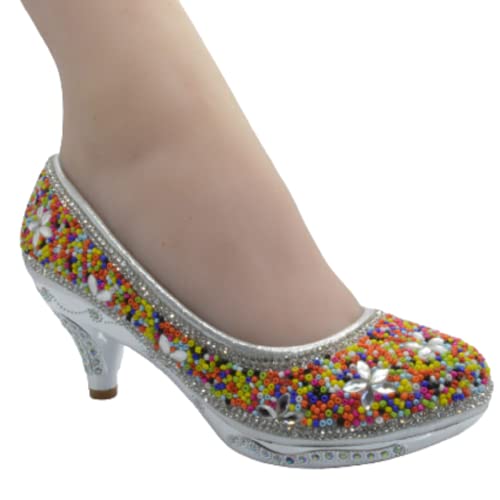 SHOEWORLD New Girls Court Shoes Kids Heels Party Princess Diamante Children's Sandals (13 UK Child, Silver)