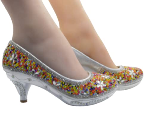 SHOEWORLD New Girls Court Shoes Kids Heels Party Princess Diamante Children's Sandals (13 UK Child, Silver)