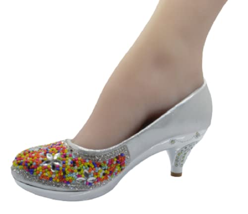 SHOEWORLD New Girls Court Shoes Kids Heels Party Princess Diamante Children's Sandals (13 UK Child, Silver)