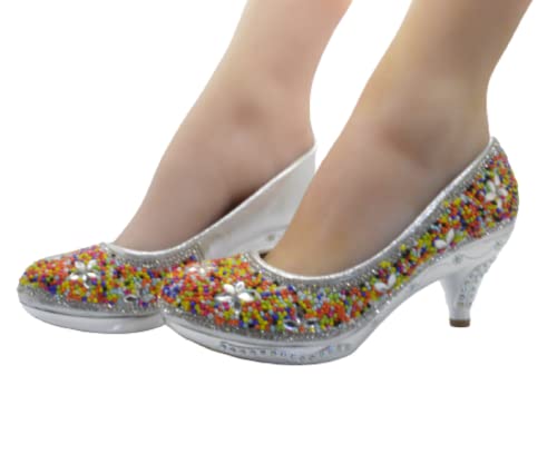 SHOEWORLD New Girls Court Shoes Kids Heels Party Princess Diamante Children's Sandals (13 UK Child, Silver)