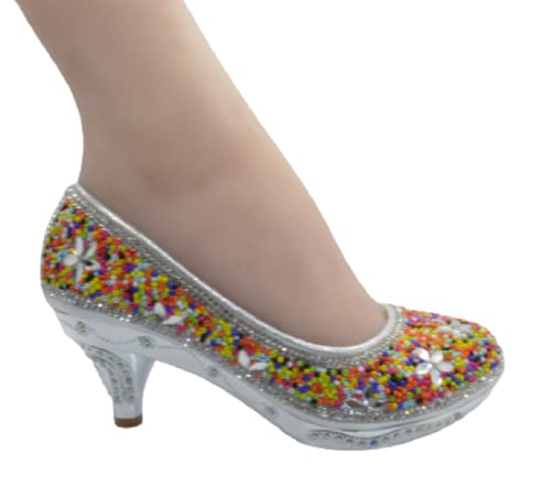 SHOEWORLD New Girls Court Shoes Kids Heels Party Princess Diamante Children's Sandals (13 UK Child, Silver)