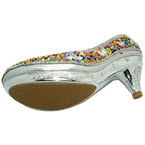 SHOEWORLD New Girls Court Shoes Kids Heels Party Princess Diamante Children's Sandals (13 UK Child, Silver)