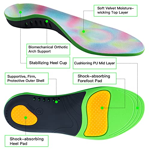 Kids Orthotic Insoles Arch Support Shoe Inserts, Deep Heel Cup Inner Sole Flat Feet, Plantar Fasciitis, Over Pronation, Foot Arch Heel Pain Relief, Active Children Shock Absorbing Sport Insoles