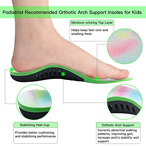 Kids Orthotic Insoles Arch Support Shoe Inserts, Deep Heel Cup Inner Sole Flat Feet, Plantar Fasciitis, Over Pronation, Foot Arch Heel Pain Relief, Active Children Shock Absorbing Sport Insoles