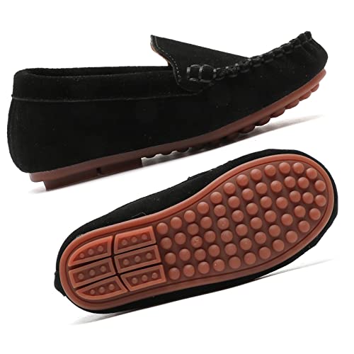 WUIWUIYU Kid's Boy's Girl's Slip-On Moccasin Suede Loafers Flats Boat Shoes Size 8 Child Black