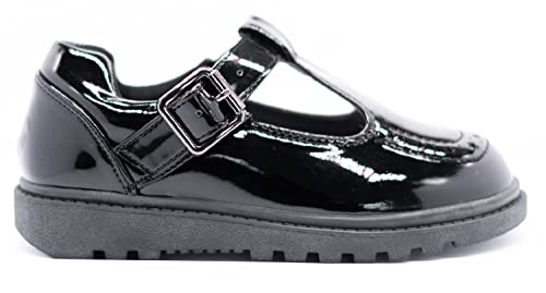 Girls Kids Flat Black Back to School Loafers Dolly T-BAR Strap Buckle Shoes