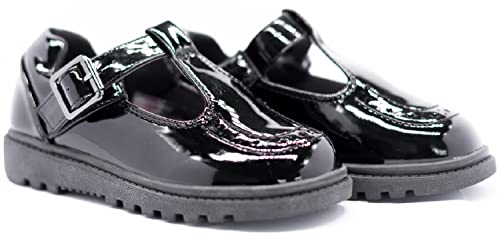 Girls Kids Flat Black Back to School Loafers Dolly T-BAR Strap Buckle Shoes