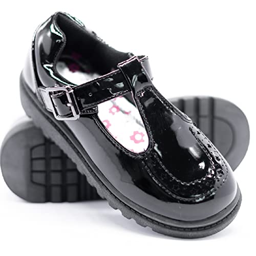 Girls Kids Flat Black Back to School Loafers Dolly T-BAR Strap Buckle Shoes