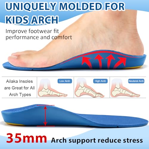 Ailaka Kids Orthotic Cushioning Arch Support Shoe Insoles, Children Pu Foam Inserts for Flat feet, Plantar Fasciitis, Feet Heel Pain Relief, Blue, 2-3.5 UK/EU 34-36 / CN 33-35