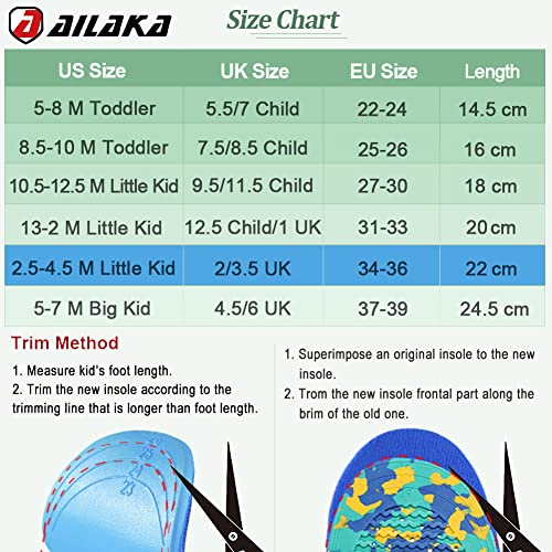Ailaka Kids Orthotic Cushioning Arch Support Shoe Insoles, Children Pu Foam Inserts for Flat feet, Plantar Fasciitis, Feet Heel Pain Relief, Blue, 2-3.5 UK/EU 34-36 / CN 33-35
