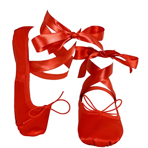 Satin Ballet Dance Shoes Full Suede Sole Slippers Flat with Silky Ribbon Gymnastics Shoes for Child Adult Girls Women Red