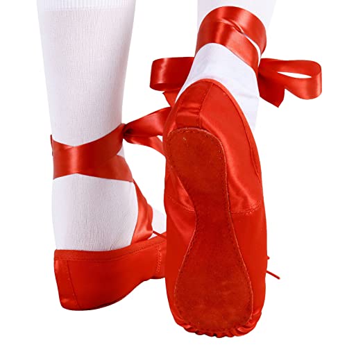 Satin Ballet Dance Shoes Full Suede Sole Slippers Flat with Silky Ribbon Gymnastics Shoes for Child Adult Girls Women Red