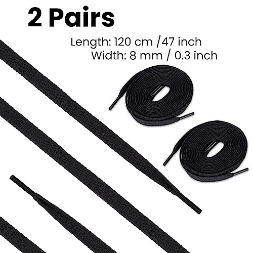 2 Pairs Flat Shoe Laces, 120 cm black Long Shoe Laces for Trainers, 8mm Wide Flat Laces for Sneaker, Replacement Laces for Athletic Sport Casual Shoes, Durable Shoelaces for Men Women Kids Adult