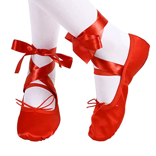 Satin Ballet Dance Shoes Full Suede Sole Slippers Flat with Silky Ribbon Gymnastics Shoes for Child Adult Girls Women Red