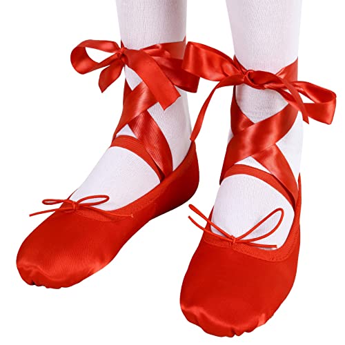 Satin Ballet Dance Shoes Full Suede Sole Slippers Flat with Silky Ribbon Gymnastics Shoes for Child Adult Girls Women Red