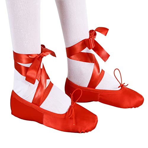 Satin Ballet Dance Shoes Full Suede Sole Slippers Flat with Silky Ribbon Gymnastics Shoes for Child Adult Girls Women Red