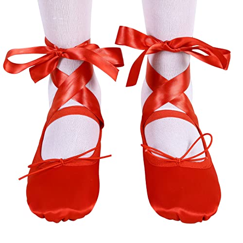 Satin Ballet Dance Shoes Full Suede Sole Slippers Flat with Silky Ribbon Gymnastics Shoes for Child Adult Girls Women Red
