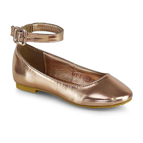 Girls Flat Bridal Party Shoes Children Formal Wedding Evening Ankle Strap Ballet Pumps Rose Gold Metallic