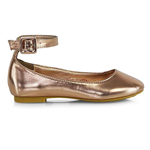 Girls Flat Bridal Party Shoes Children Formal Wedding Evening Ankle Strap Ballet Pumps Rose Gold Metallic