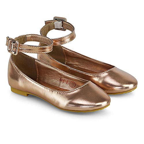 Girls Flat Bridal Party Shoes Children Formal Wedding Evening Ankle Strap Ballet Pumps Rose Gold Metallic