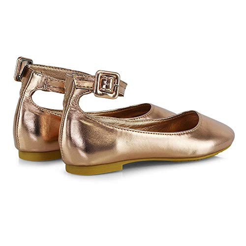 Girls Flat Bridal Party Shoes Children Formal Wedding Evening Ankle Strap Ballet Pumps Rose Gold Metallic