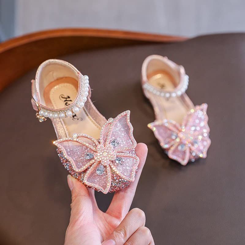 Toddler Girls Princess Dress Shoes Sequins Butterfly Mary Jane Wedding Party Bridesmaids Low Heels Dance Birthday Sandals Special Occasion Shoes Ballet Flats Shoes for Children Pink