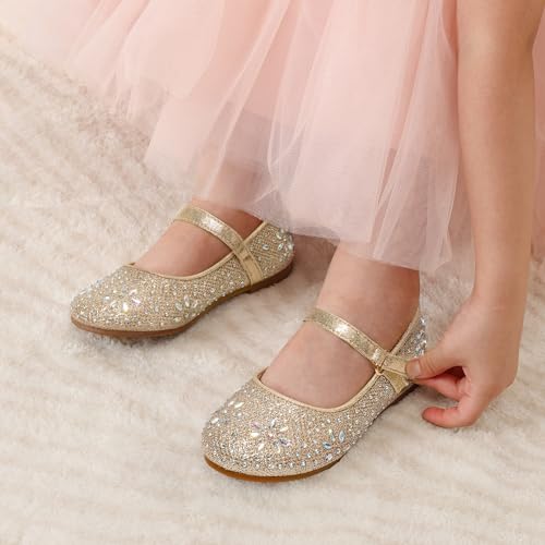 DREAM PAIRS Girl's Dress Shoes Mary Jane Rhinestone Buckle Strap Ballerina Flats ANGEL-66,Gold,Size 8 UK Child/9 US Toddler