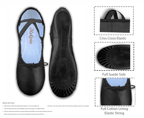 Black Ballet Shoes for Girls Leather Ballet Flats Sole Canvas Pointe Dance Yoga Gymnastics Slippers for Girls Toddlers Women & Adults 5 UK