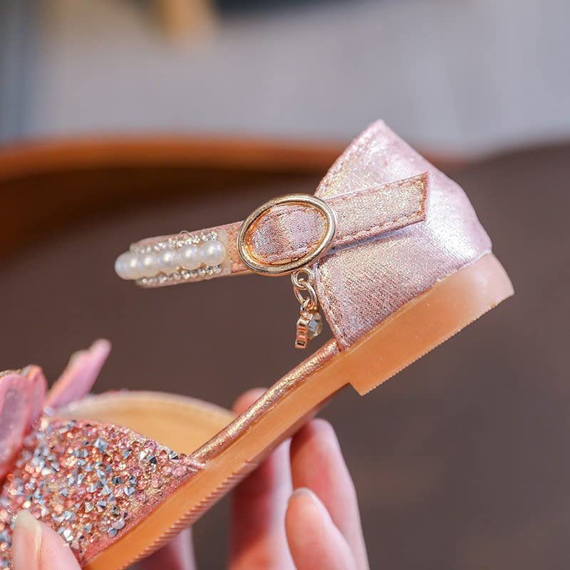 Toddler Girls Princess Dress Shoes Sequins Butterfly Mary Jane Wedding Party Bridesmaids Low Heels Dance Birthday Sandals Special Occasion Shoes Ballet Flats Shoes for Children Pink