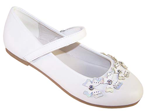 Girls White Flower Girl Bridesmaid Special Occasion Ballerina Shoes with Sparkly Butterfly Trims Size 4