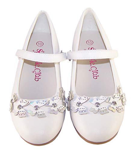 Girls White Flower Girl Bridesmaid Special Occasion Ballerina Shoes with Sparkly Butterfly Trims Size 4