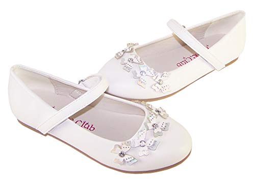 Girls White Flower Girl Bridesmaid Special Occasion Ballerina Shoes with Sparkly Butterfly Trims Size 4