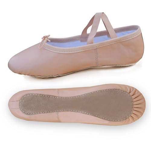Ballet Canvas Dance Shoes - Full Flat Leather Sole Dancing Yoga Gymnastic Stretch Slippers for Girls Kids Childrens Pink